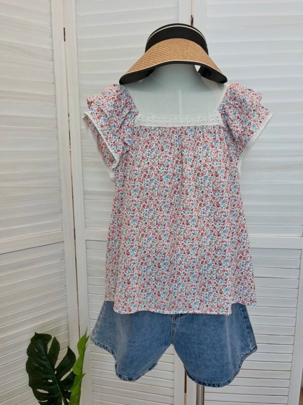 LACE TRIM RUFFLE SLEEVE BLOUSE 小碎花蕾丝边边小飞袖小上衣